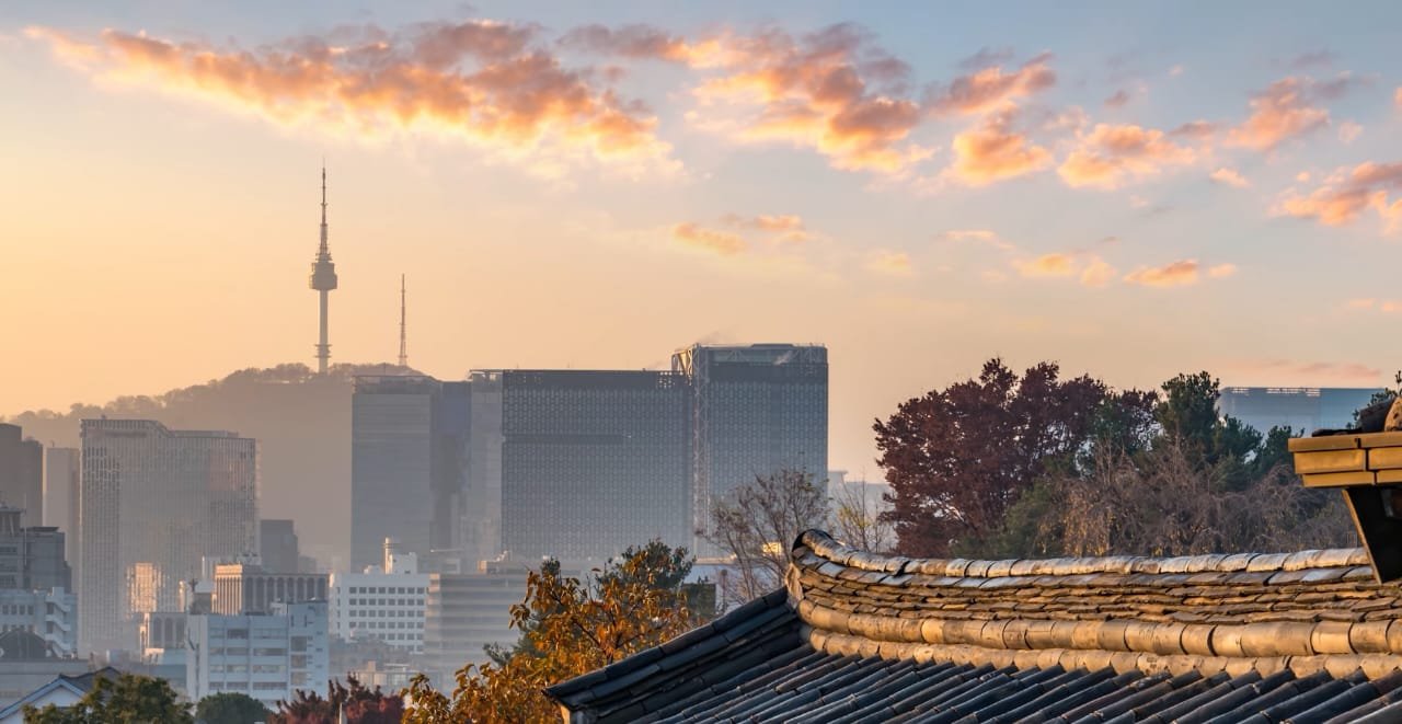 View of Namsan Tower in Seoul with hiking trail and cable car