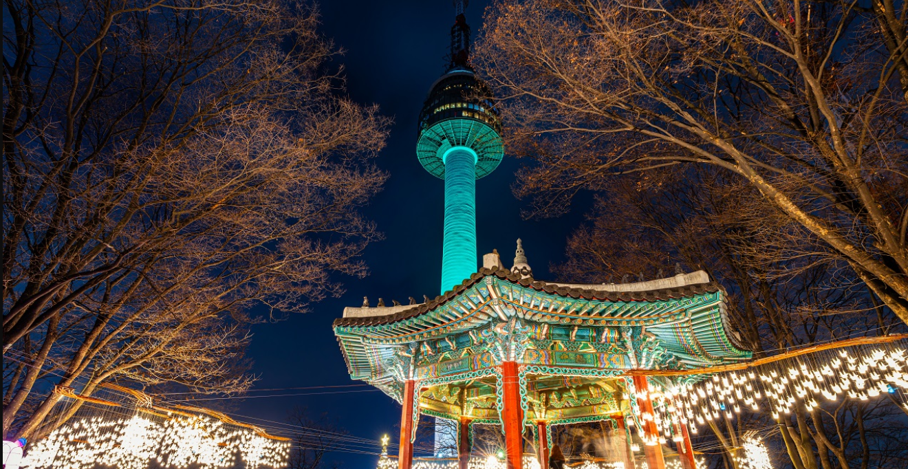 View of Namsan Tower in Seoul with hiking trail and cable car