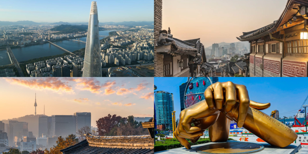 Panoramic view of Seoul cityscape with traditional palace and modern skyline