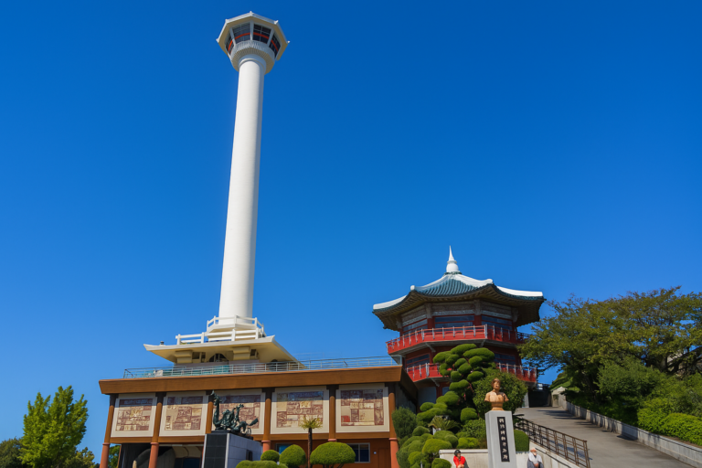 A panoramic view of Busan with beaches, city skyline, and sea blending together beautifully