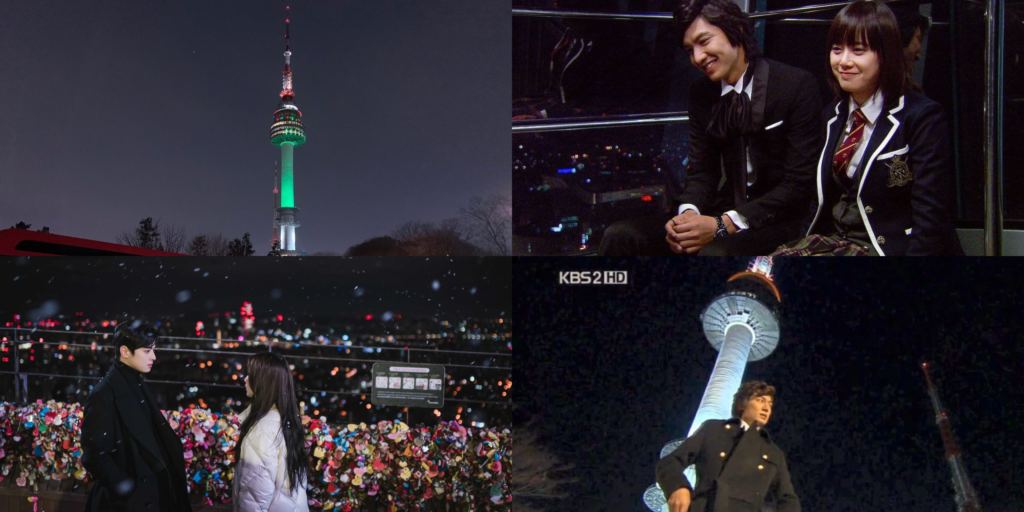 Colorful 'locks of love' attached to a fence at N Seoul Tower, a famous K-drama filming spot from 'Boys Over Flowers'.
