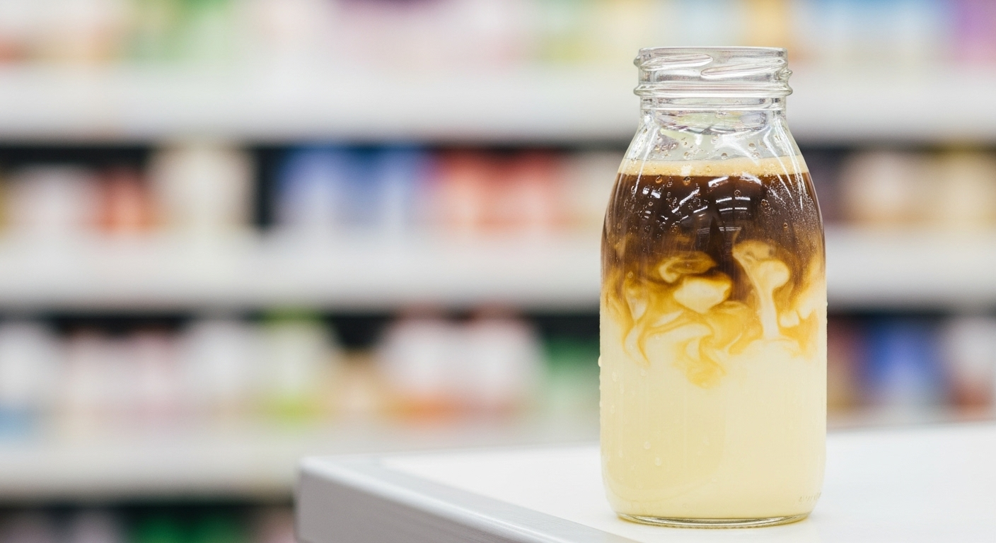 The iconic green-lidded Binggrae banana milk bottle with a swirl of instant coffee mixing inside to create a creamy banana-flavored latte.