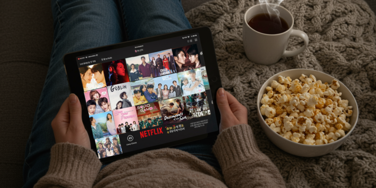 Overhead view of a person relaxing on a cozy couch with tea and popcorn, scrolling through K-drama options like Crash Landing on You and Vincenzo on a glowing tablet.