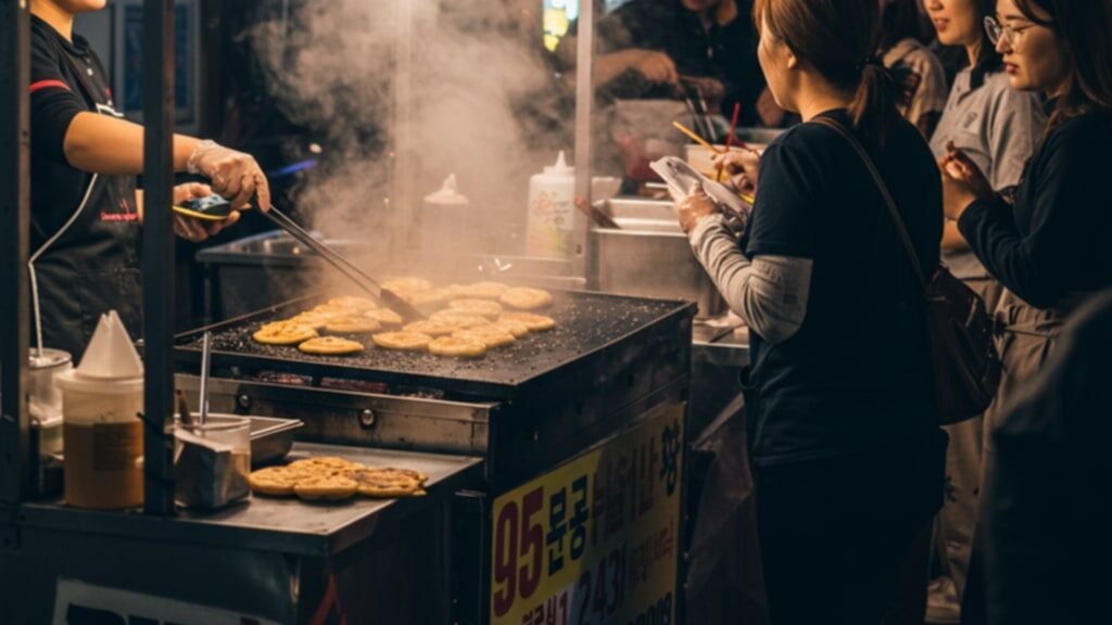 Street food vendor cooking Ssiat Hotteok at BIFF Square in Busan. Bustling shopping street in Nampo-dong with signs and shoppers