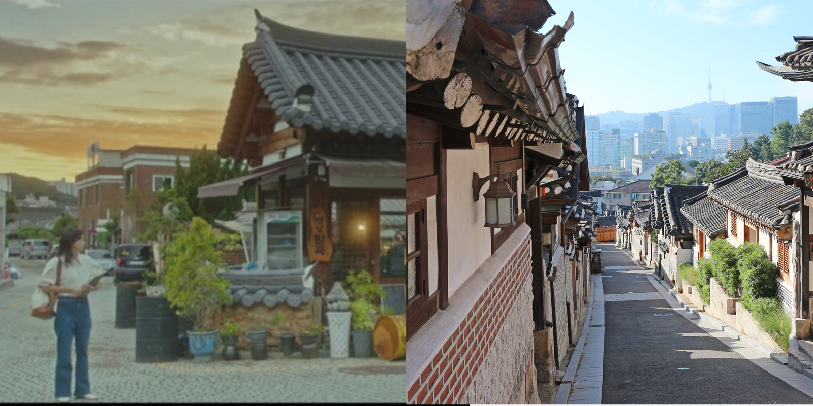A classic view over the traditional tiled roofs of Bukchon Hanok Village with the modern Seoul skyline in the background.