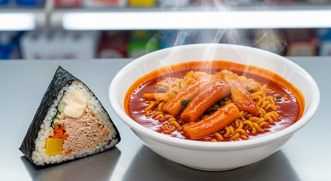 A bowl of fiery red Buldak spicy chicken noodles placed next to a creamy tuna mayo triangle kimbap, a popular Korean food hack to balance the spice.