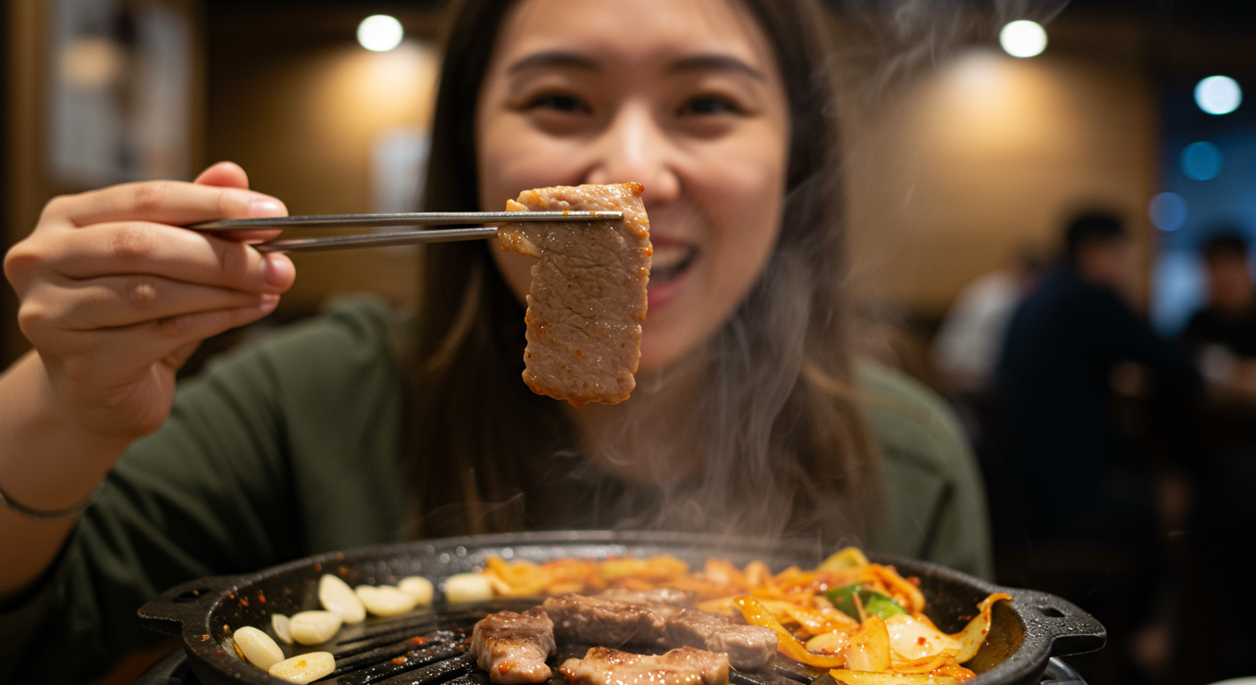 A close-up photo of a joyful woman holding up a piece of sizzling meat with chopsticks at a Korean BBQ restaurant, expressing how delicious the food is by saying 'Mashisseoyo'