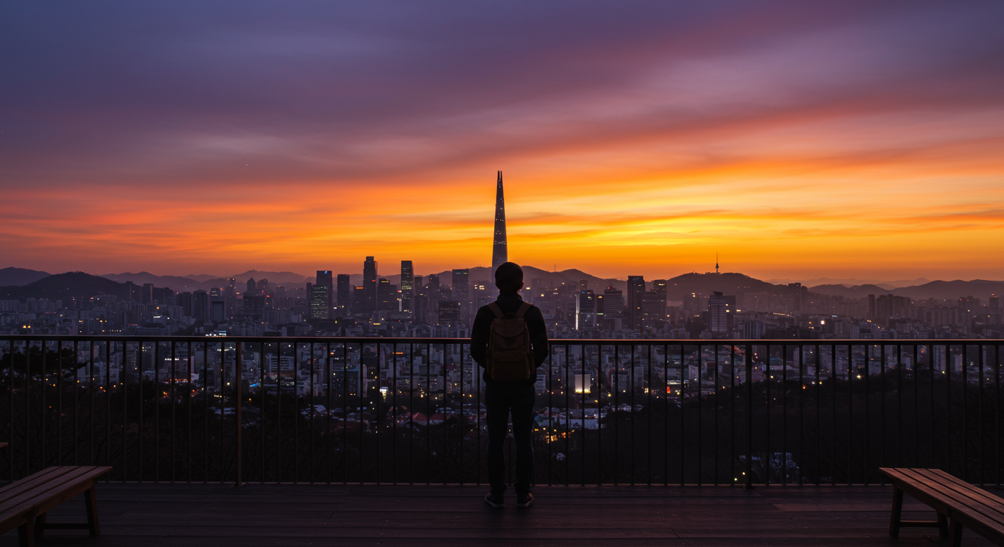 A traveler in silhouette looks out at the epic Seoul skyline as the sun sets, feeling inspired to keep exploring South Korea.