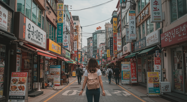 A young female traveler with a backpack looks excitedly onto a bustling, sunny street in Myeongdong, Seoul, feeling ready for her first trip to Korea.