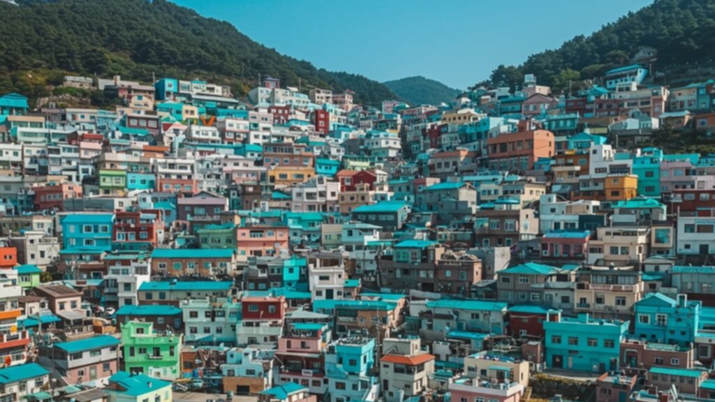 Brightly colored houses stacked on a hillside in Gamcheon Culture Village, Busan