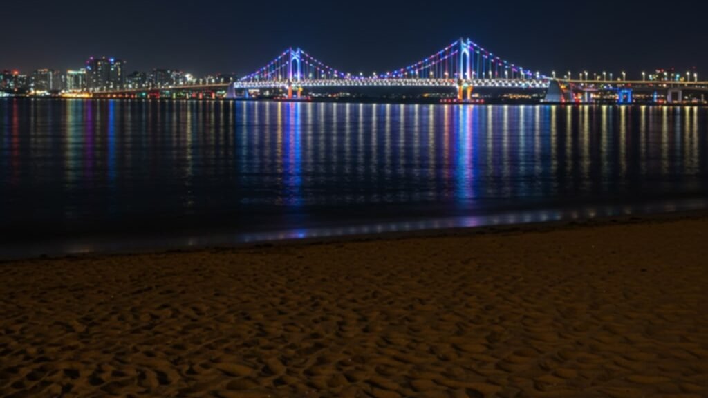 Gwangandaegyo Bridge (Diamond Bridge) lit up at night, viewed from Gwangalli Beach
