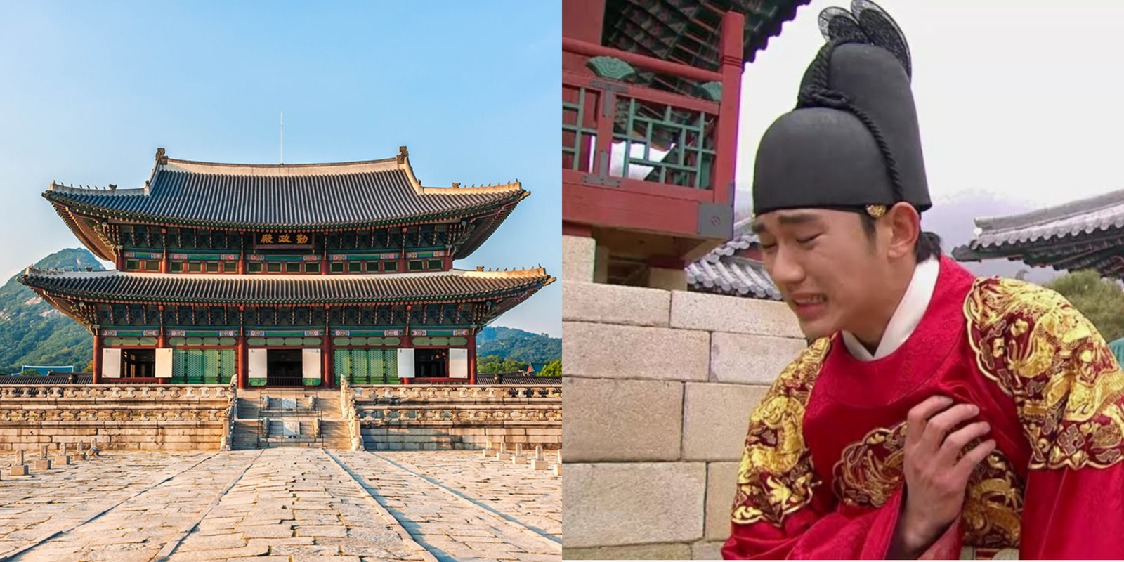 A visitor wearing a traditional red and gold hanbok stands before the majestic Gyeongbokgung Palace, a historical K-drama location.