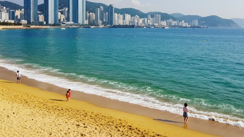 Crowds with parasols on Haeundae Beach during peak summer season