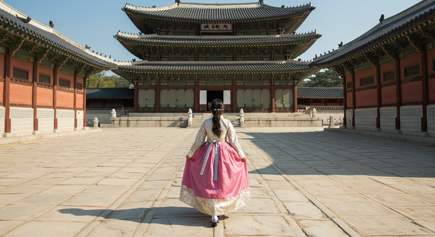 A young woman in a colorful hanbok smiles while walking through Gyeongbokgung Palace in Seoul.