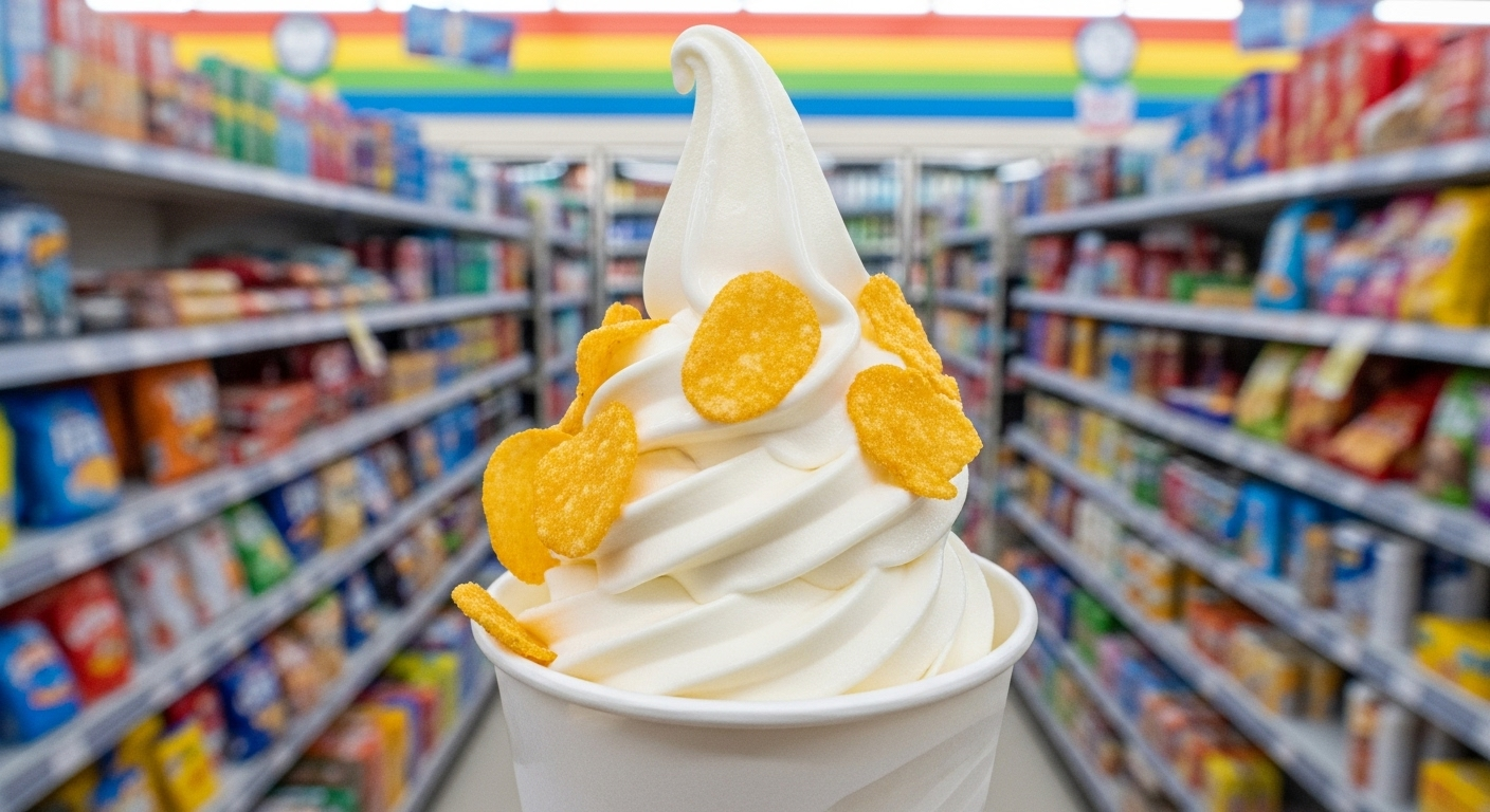 A cup of soft-serve vanilla ice cream being topped with a cascade of crunchy, golden honey butter chips, a sweet and salty Korean dessert hack.