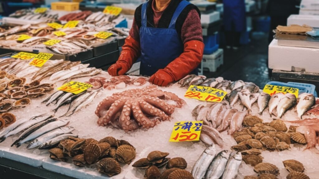 Fresh seafood stalls inside Jagalchi Market with live fish and shellfish on display