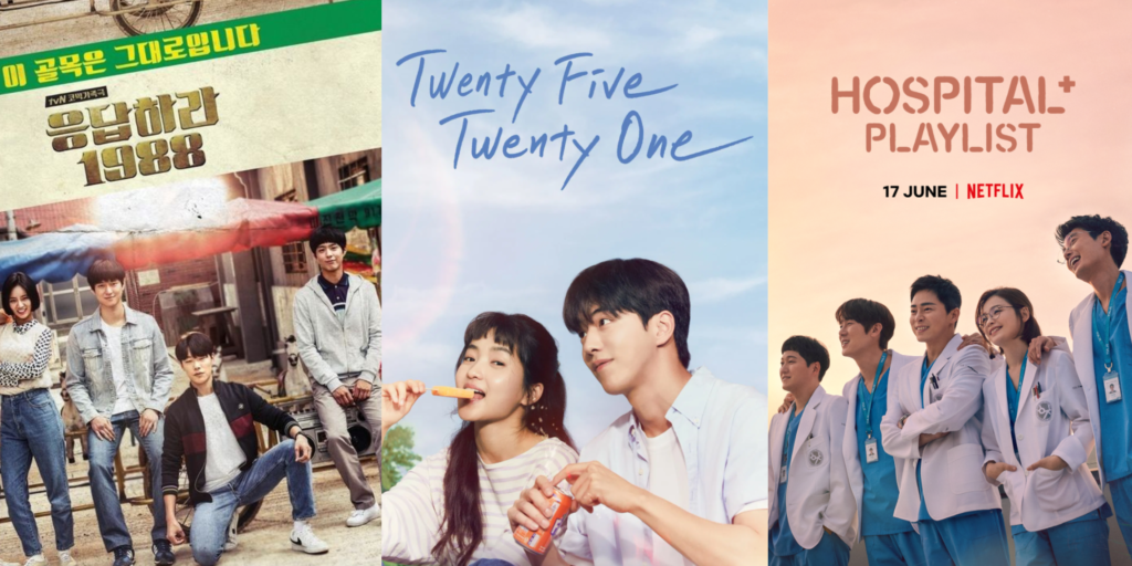 A vibrant collage of friends from various K-dramas laughing and supporting each other, representing the theme of squad goals.
