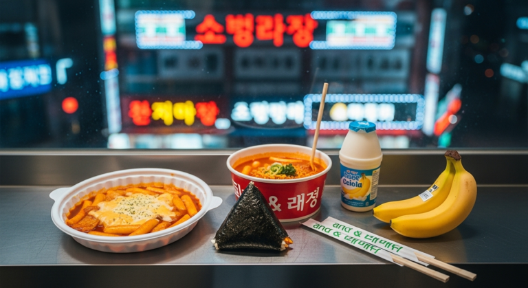 A vibrant spread of Korean convenience store food hacks, including cheesy tteokbokki and spicy ramen, displayed on a brightly lit counter by a window at night.