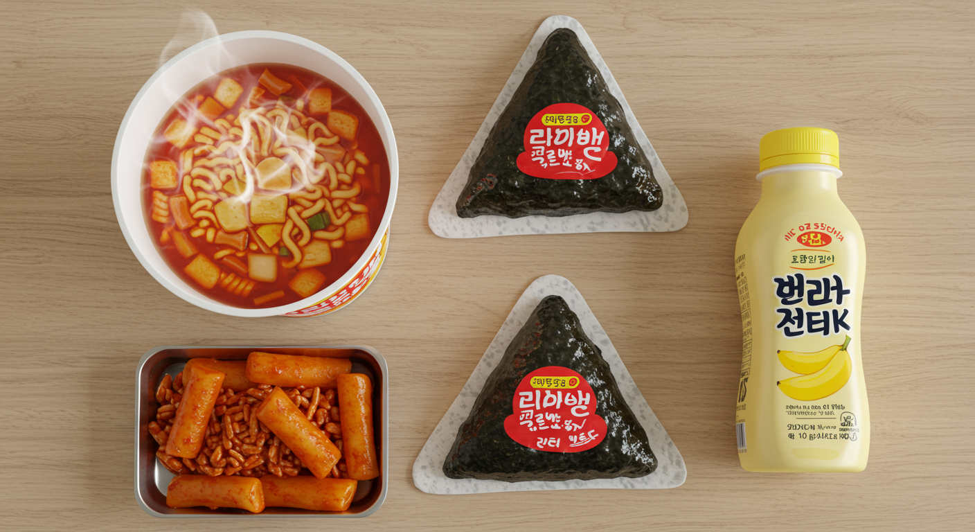 A top-down view of a Korean convenience store meal with ramyeon, kimbap, and banana milk.