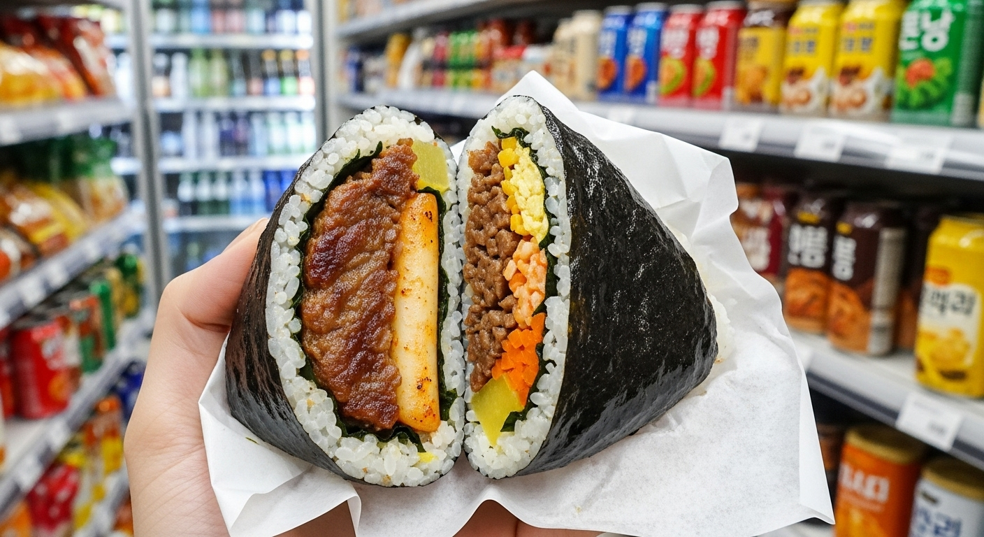 An inventive Korean food hack showing a savory bulgogi meat patty sandwiched between two halves of a triangle kimbap, creating a rice burger.