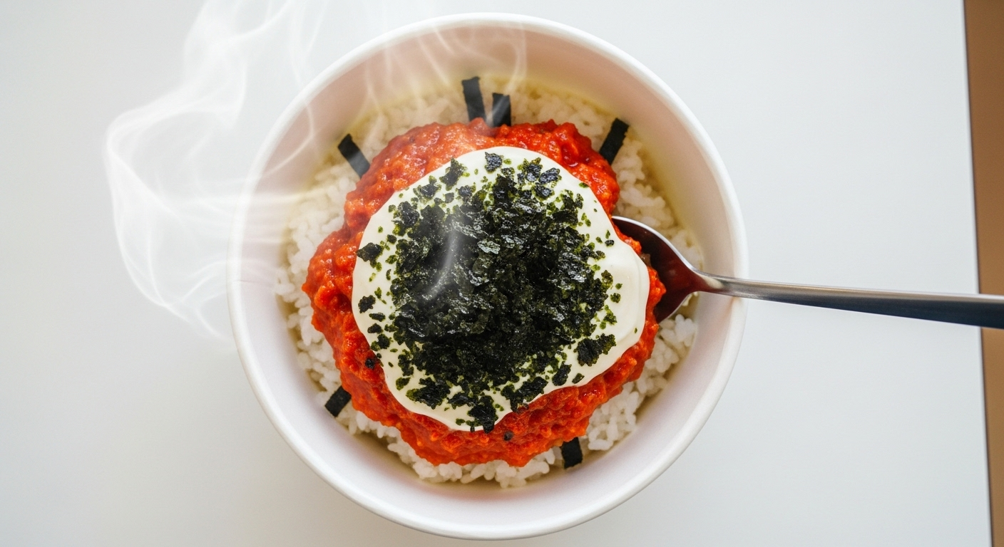 A top-down view of a deconstructed kimbap bowl, with instant rice topped with a scoop of spicy tuna mayo and a sprinkle of crushed seaweed.