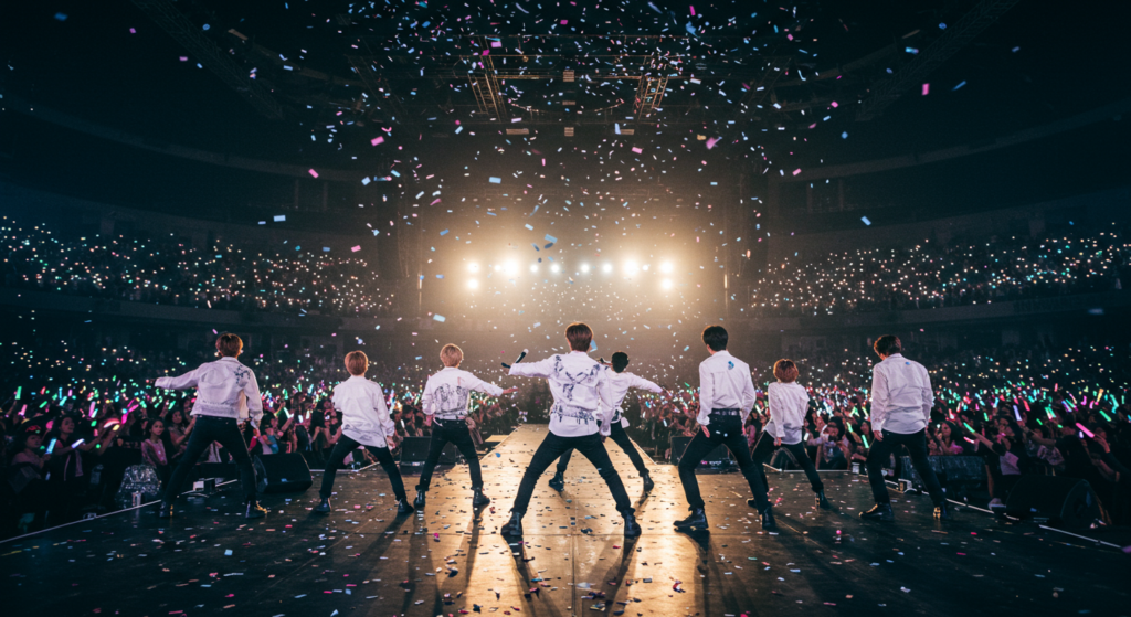 A breathtaking panoramic view of a K-Pop concert showing thousands of fans holding up glowing lightsticks, creating a unified ocean of light for the performers.