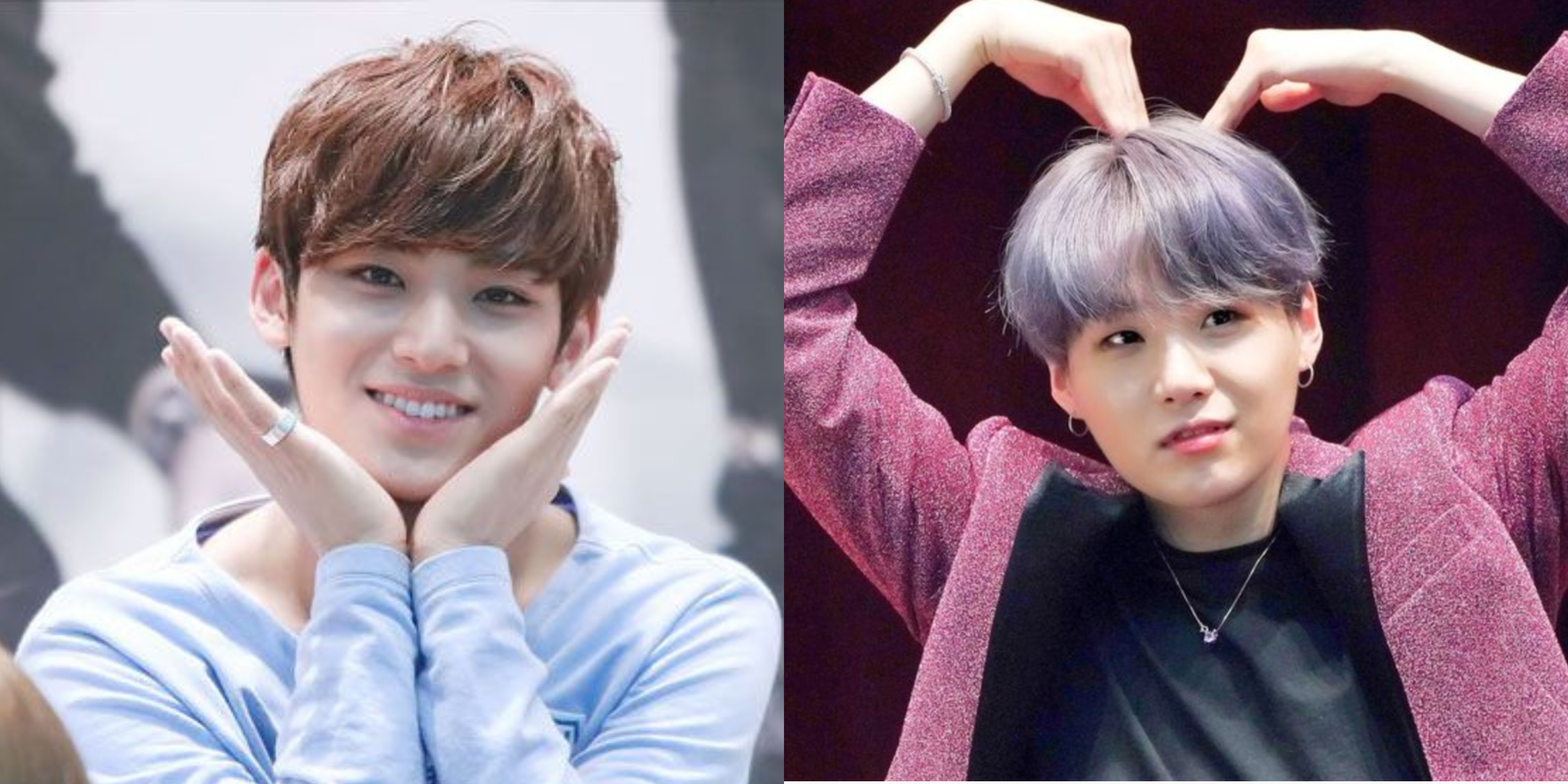 A male K-Pop idol performing 'aegyo' by making a super cute face with puffed cheeks and a hand heart gesture for the camera.