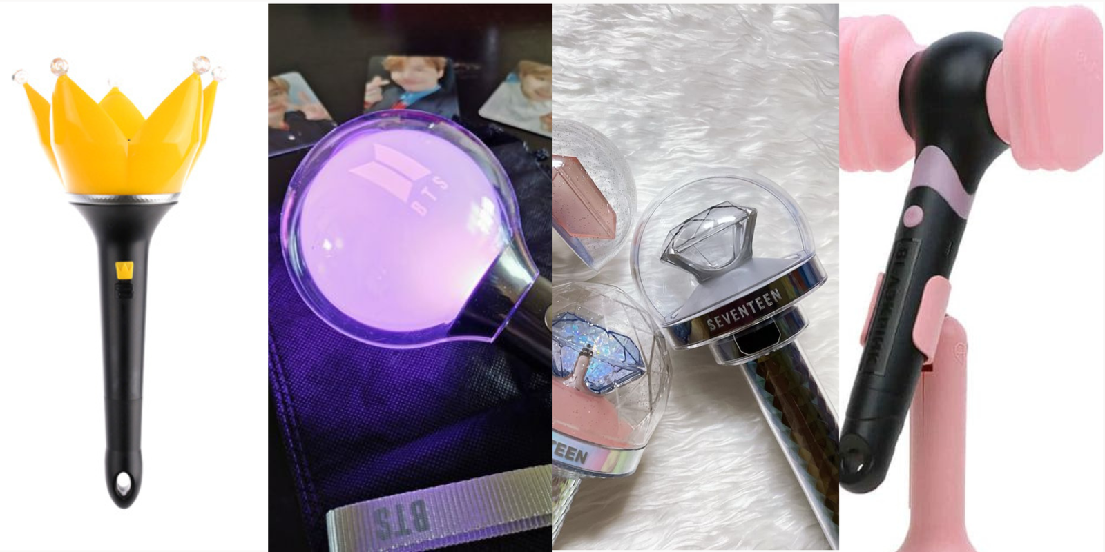 A detailed close-up photo of a fan holding a uniquely designed and beautifully glowing official K-Pop group lightstick.