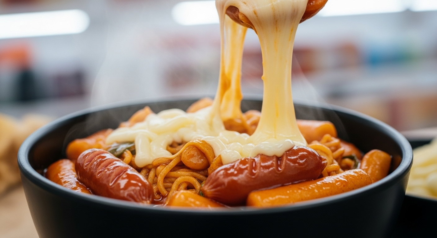 A close-up of the "Mark Meal," a Korean convenience store hack, showing gooey melted cheese stretched over spicy tteokbokki, ramen noodles, and sausage in a bowl.