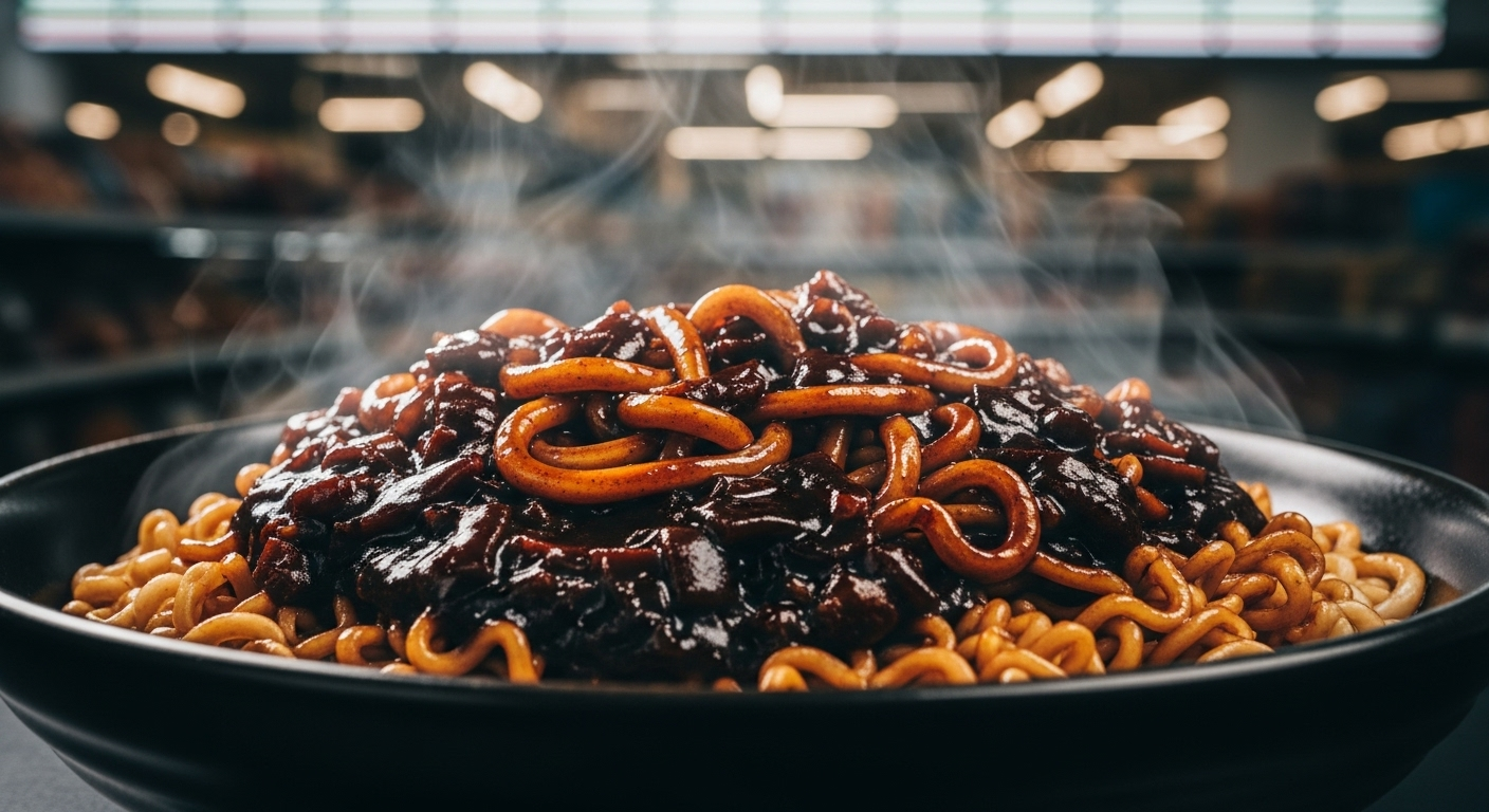 A steaming bowl of Ram-Don (Jjapaguri) with a glossy black bean sauce coating two types of noodles, the famous dish from the movie Parasite.