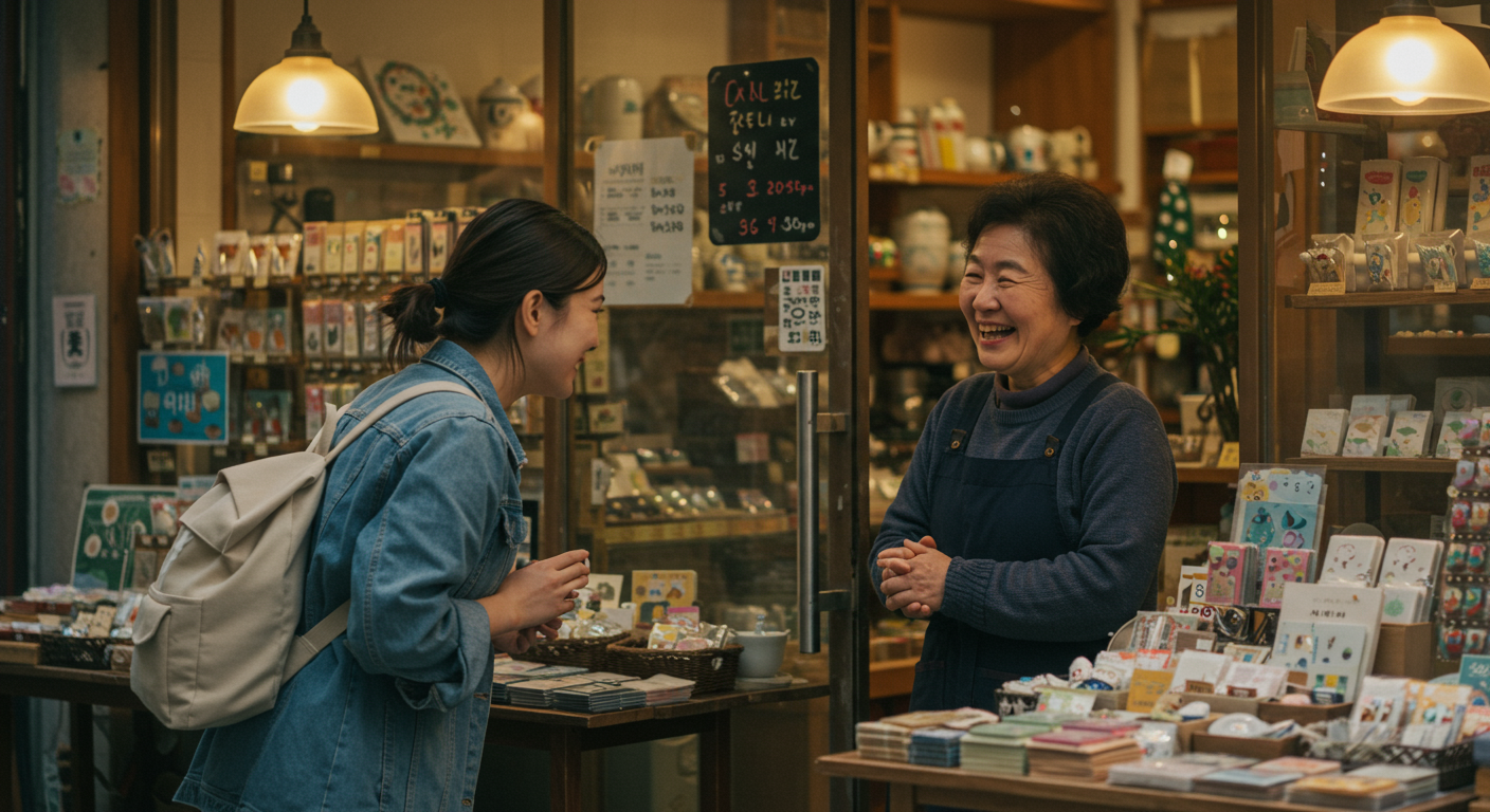 A young traveler shows respect by politely saying 'Annyeonghaseyo' with a slight bow of the head to a friendly, smiling Korean shop owner inside her charming store in Seoul.
