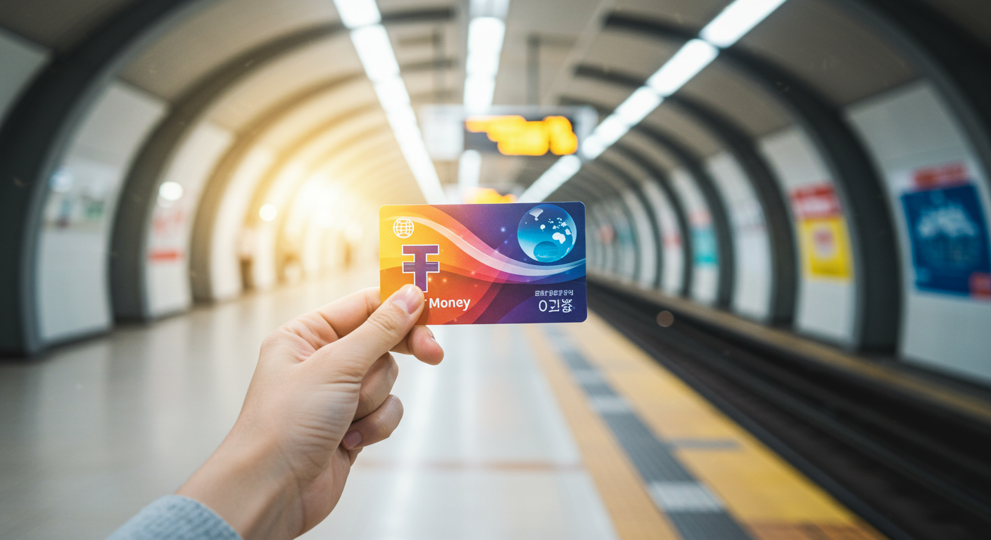Hand holding a Korean T-money card in a Seoul subway station.