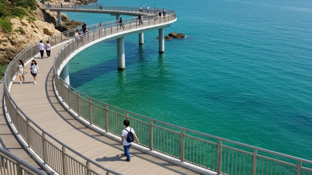 Songdo Cloud Trails skywalk stretching above the ocean with glass floor panels