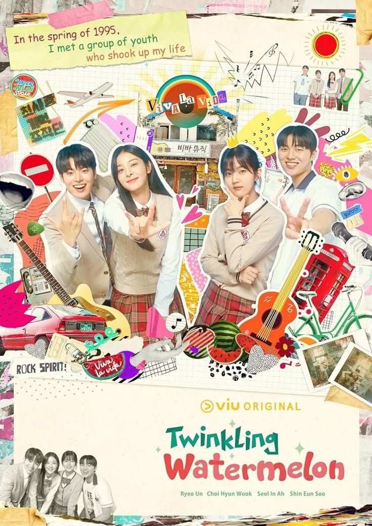 The band 'Watermelon Sugar' from the K-drama Twinkling Watermelon posing together with their instruments in 1995.