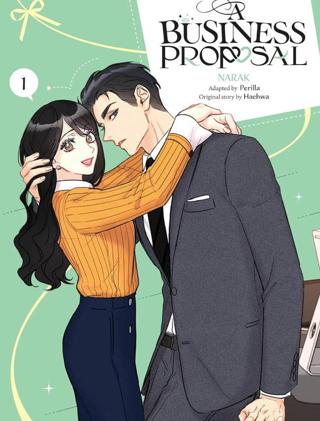 The main couple from Business Proposal shown in their webtoon style and K-drama counterparts in a romantic pose.