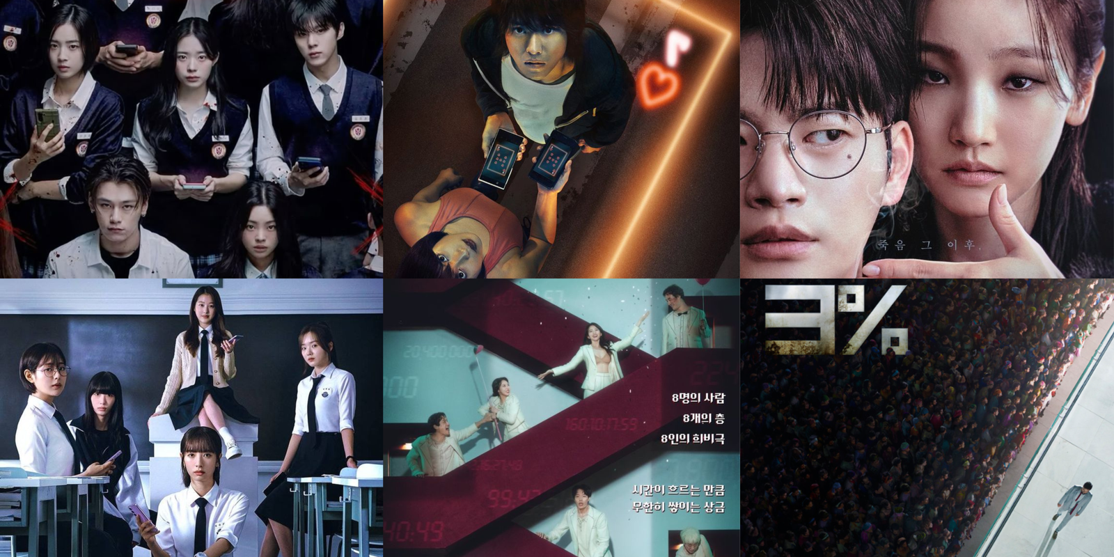 Banner image featuring dramatic scenes from survival-themed K-dramas like Squid Game, Alice in Borderland, and The Pyramid Game