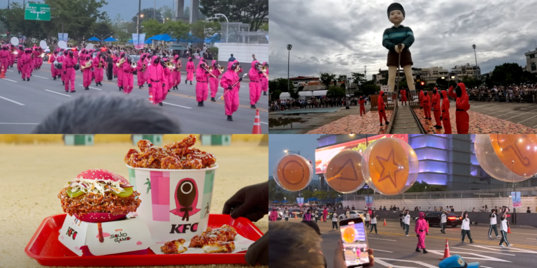 Banner for a blog post showing a collage of Squid Game events in Seoul, Korea. It features the Dalgona candy challenge, the giant jumping rope game, and crowds with hints of pink jumpsuits.